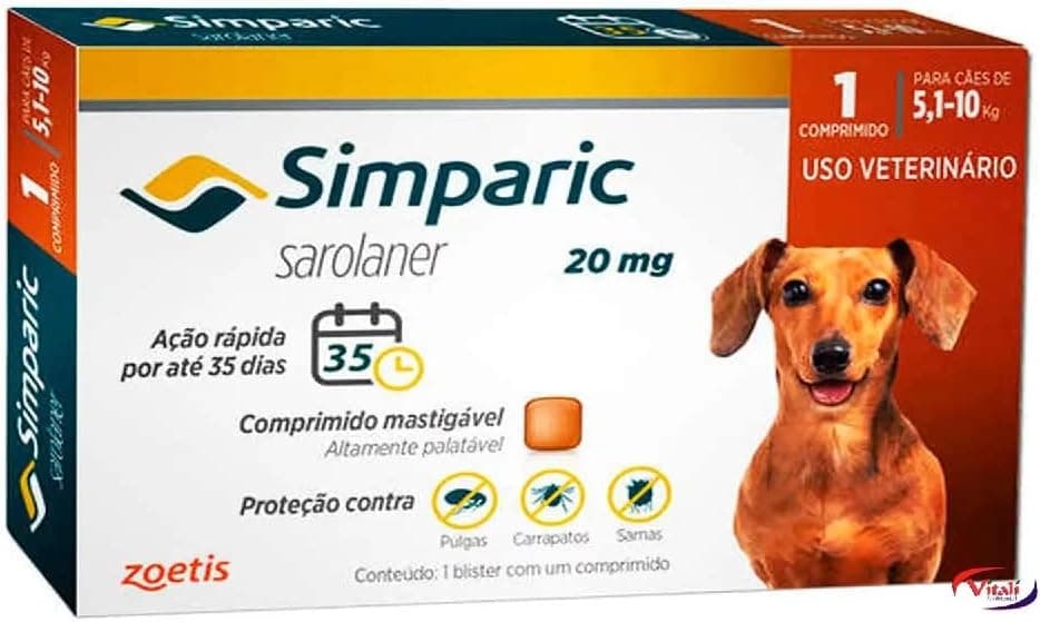 Simparic 20mg para Cães 5,1 a 10 kg - 1 Comprimido com Frete Grátis