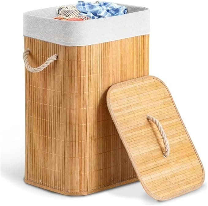Cesto de Roupas Sujas Dobrável 70L em Bambu com Tampa e Forro Removível por R$ 59,85