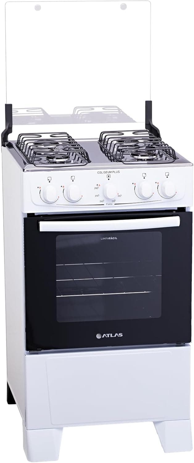 Fogão Atlas Coliseum Plus 4 Bocas Branco com Mesa de Inox e Forno 50L