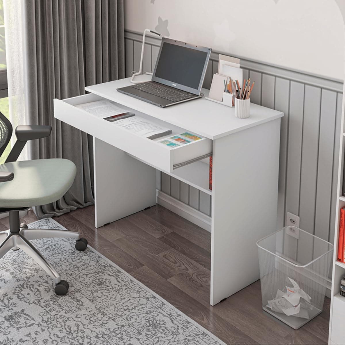 Escrivaninha Mesa de Computador Branca com Gaveta e Prateleira por R$ 113 no Pix (Frete Gratis + Cupom)