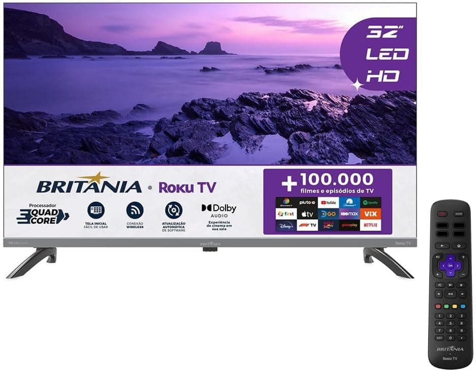 Smart TV 32" Britania B32KRA Roku TV por R$ 779 com cupom GOLEADA (Frete Gratis)