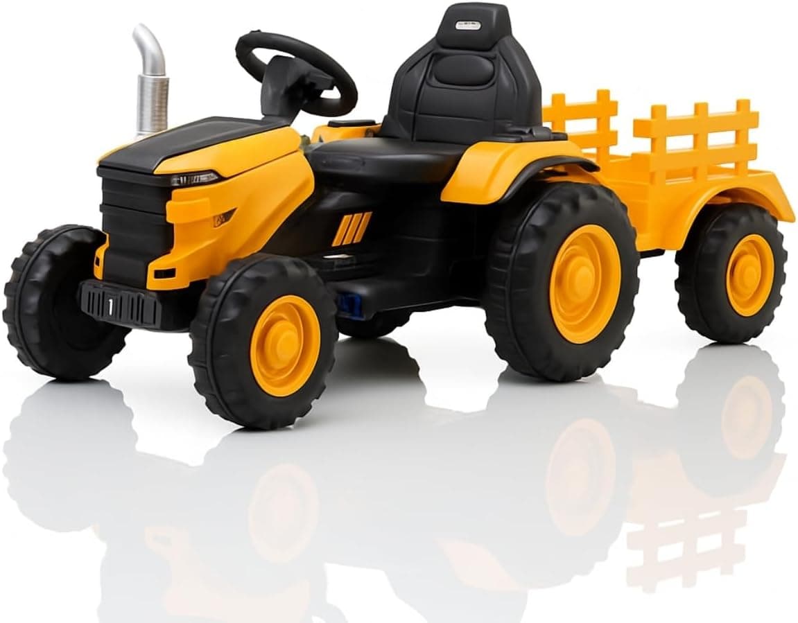 Trator Elétrico Infantil 12V com Controle Remoto, Som, Luzes e Carreta - Amarelo