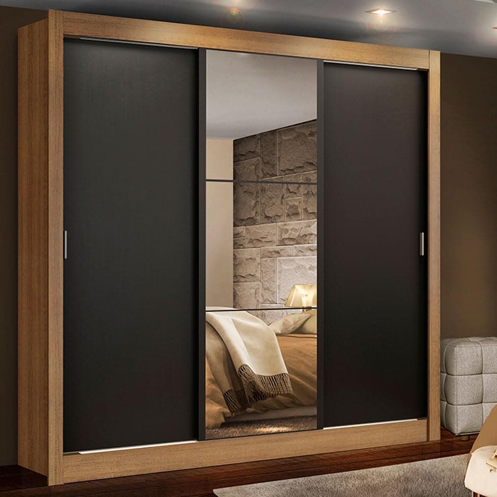 Guarda-Roupa Casal Madesa Lyon 3 Portas de Correr com Espelho e 2 Gavetas (Rustic/Preto) por R$ 919 no Pix + Frete Gratis