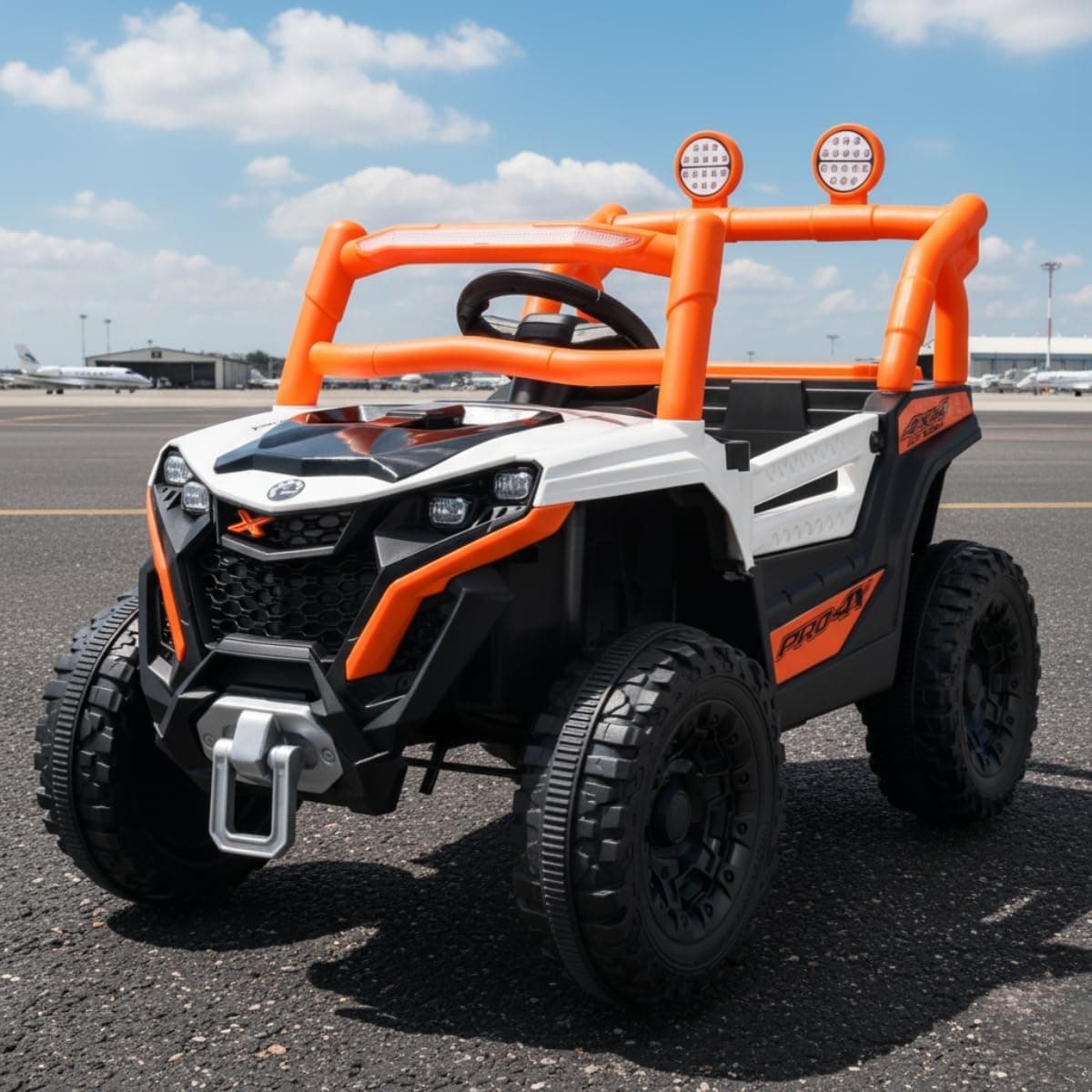 Jipe Carro Elétrico Infantil 12V com Música, Luz e Controle Remoto - Laranja