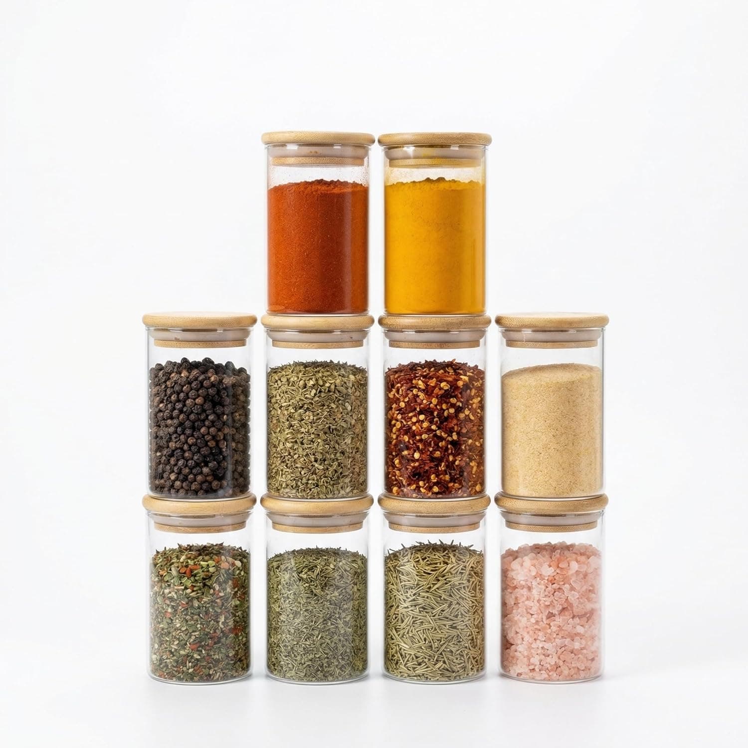 Kit 10 Potes de Vidro Herméticos 250ml com Tampa de Bambu (Redondo) – Organização de Cozinha