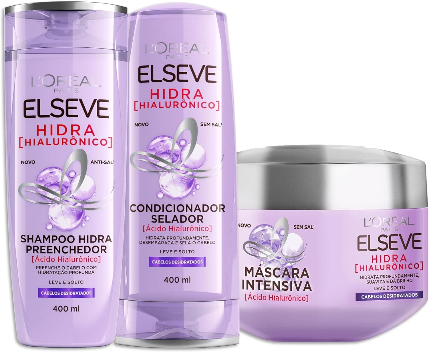 Kit Elseve Hidra Hialurônico L'Oréal (Shampoo 400ml + Condicionador 400ml + Tratamento 300g) por R$ 69,82