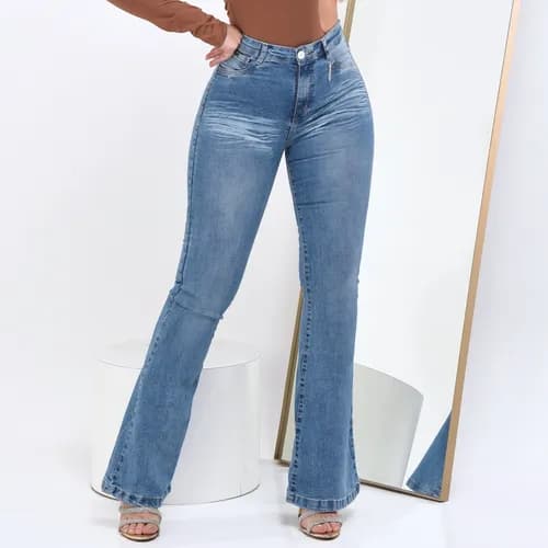 Calça Jeans Flare Feminina Cintura Alta com Elastano