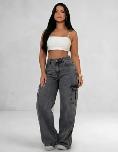 Calca Cargo Feminina Wide Leg Jeans Cintura Alta Stillger por R$ 59,41 + cupom