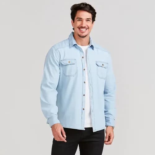 Camisa Jeans Masculina Social Slim Manga Longa por R$ 70,49 no Pix + Cupom (Frete Gratis)