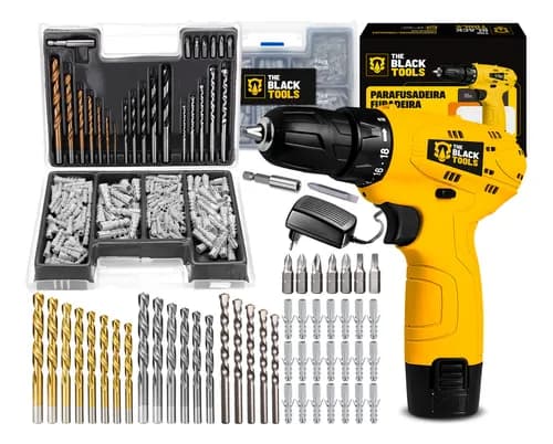 Parafusadeira Furadeira 3/8 TB12A The Black Tools + Kit 300 Peças