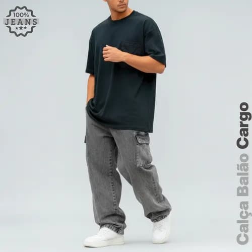 Calca Jeans Cargo Masculina Streetwear Preta/Mescla (34 ao 44) com Cupom MODANOML