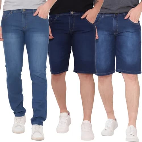 Kit 2 Bermudas e 1 Calça Jeans Skinny Lycra Masculina