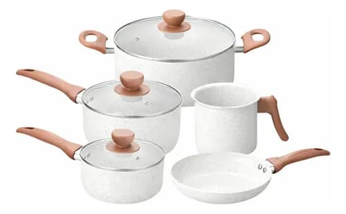 Jogo de Panelas 5 Peças Cerâmica Indução Creme