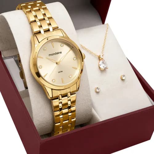 Kit Relógio Mondaine Feminino Dourado com Colar e Brincos