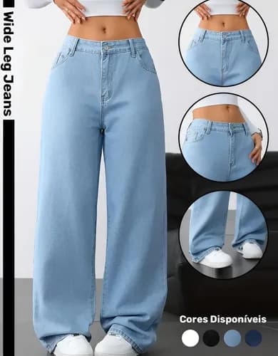 Calça Jeans Wide Leg Feminina Cintura Alta Perna Larga - Oferta