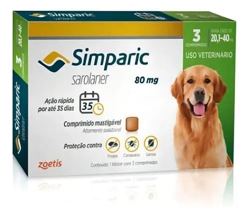 Simparic 80mg (20,1 a 40kg) com 3 comprimidos por R$247