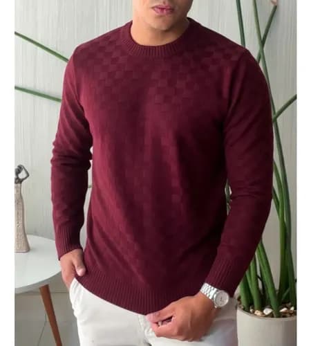 Blusa de Frio Masculina Suéter Tricô Gola Careca Xadrez