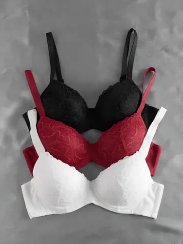 Kit 3 Sutiãs com Bojo Rendado Alça Reforçada