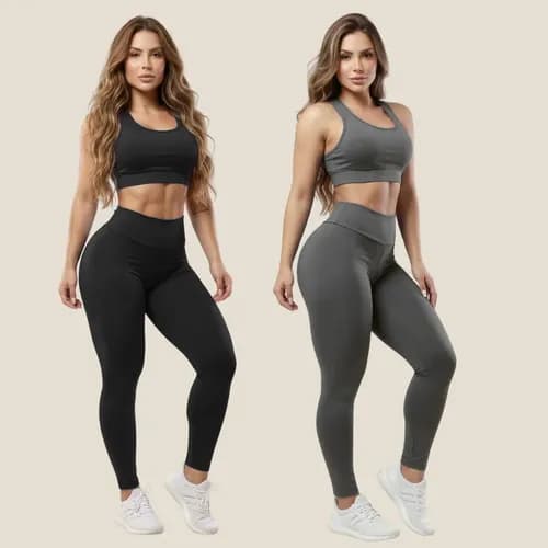 Conjunto Calça Legging e Top Fitness Feminino Cinza Preto Liso