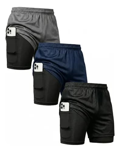 Kit 3 Shorts 2 em 1 com Bolso para Academia e Corrida por R$ 64 (Cupom)