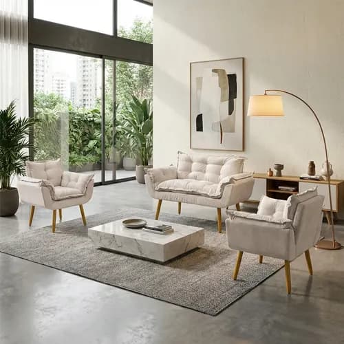 Kit Namoradeira + 2 Poltronas Alice Decorativas Suede Bege para Sala/Recepção