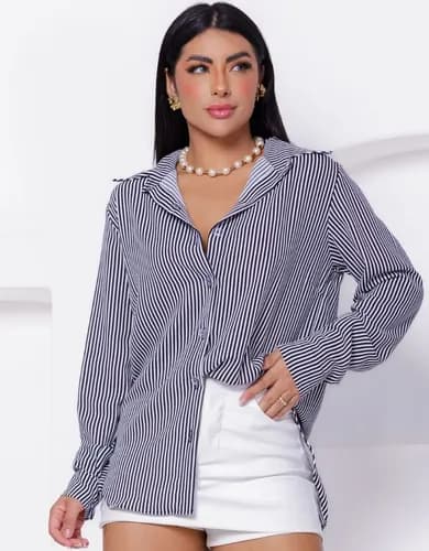 Camisa Social Feminina Classica Listrada com Botoes por R$ 36,19