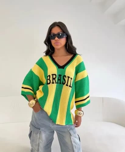 Blusa Tricot Brasil Listrada Oversized Feminina Maxi Copa