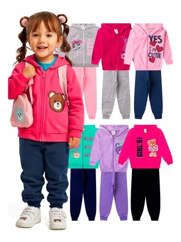 Kit 4 Peças Moletom Infantil Menina com Capuz e Zíper (2 Blusas + 2 Calças) por R$56 com cupom