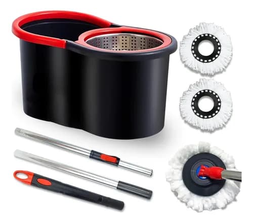Mop Giratório Preto Cesto Inox 8 Litros Cabo 140cm
