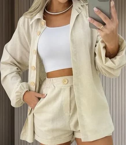 Conjunto Linho Feminino Camisa e Short Premium