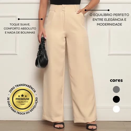 Calça Alfaiataria Feminina Wide Leg Cintura Alta Social