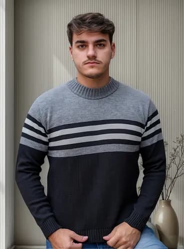 Suéter Masculino de Tricô Listrado com Cupom (R$ 50)