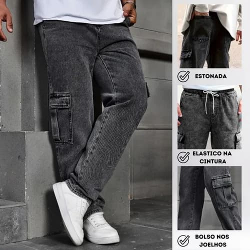 Calça Cargo Masculina Jeans Streetwear Larga