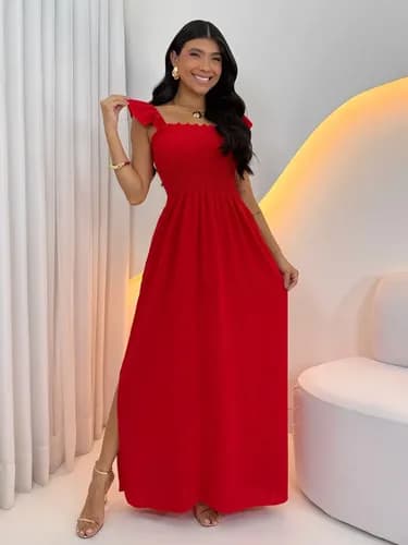 Vestido Longo Feminino Casual Lastex com Alcinha e Fenda