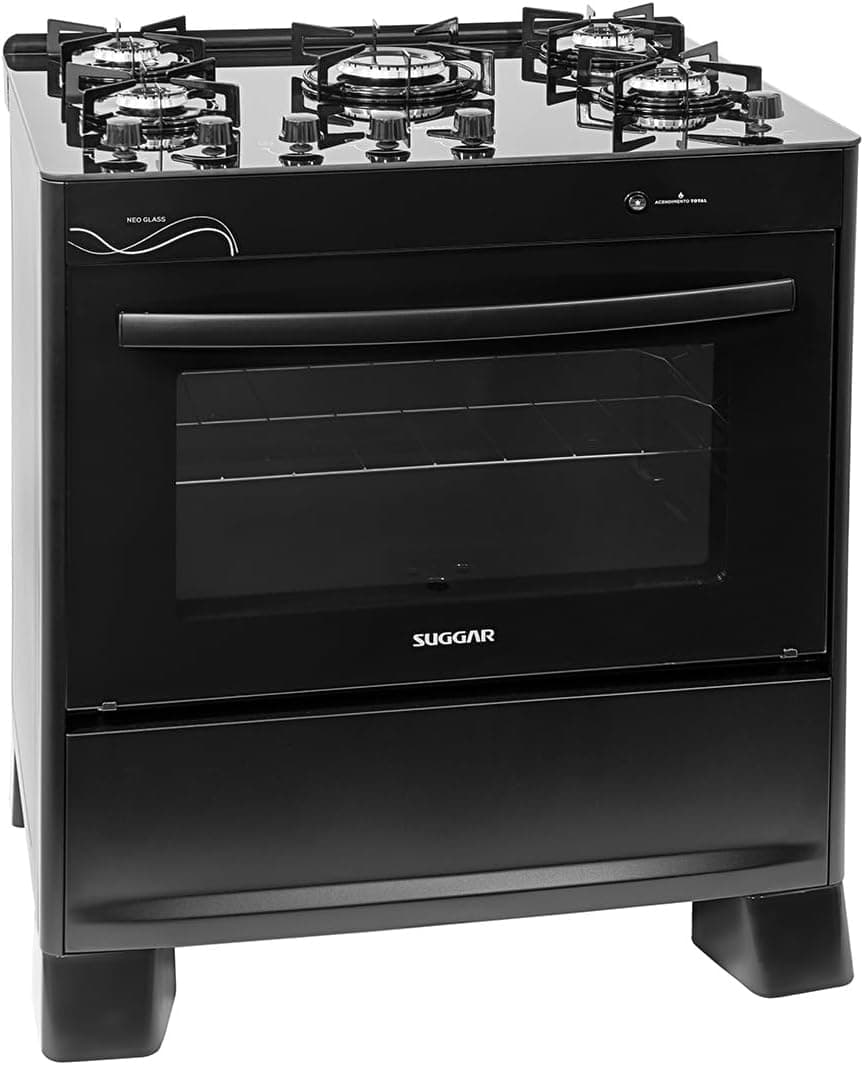 Fogão Suggar Neo Glass 5 Bocas Mesa de Vidro Preto Bivolt FGVNG510PT