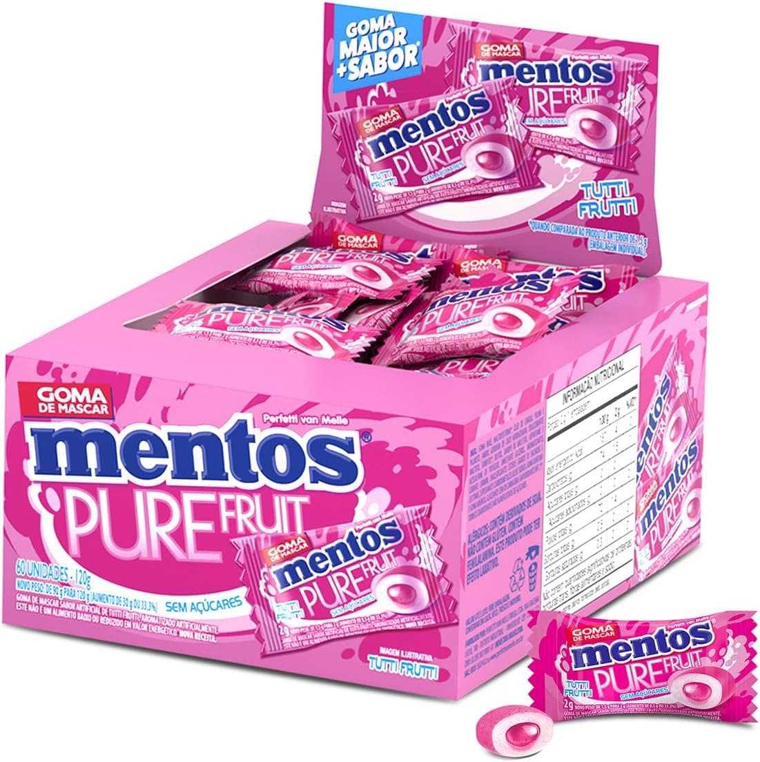Mentos Pure Fruit Tutti-Frutti Sem Açúcar - Caixa com 60 Unidades com Frete Grátis
