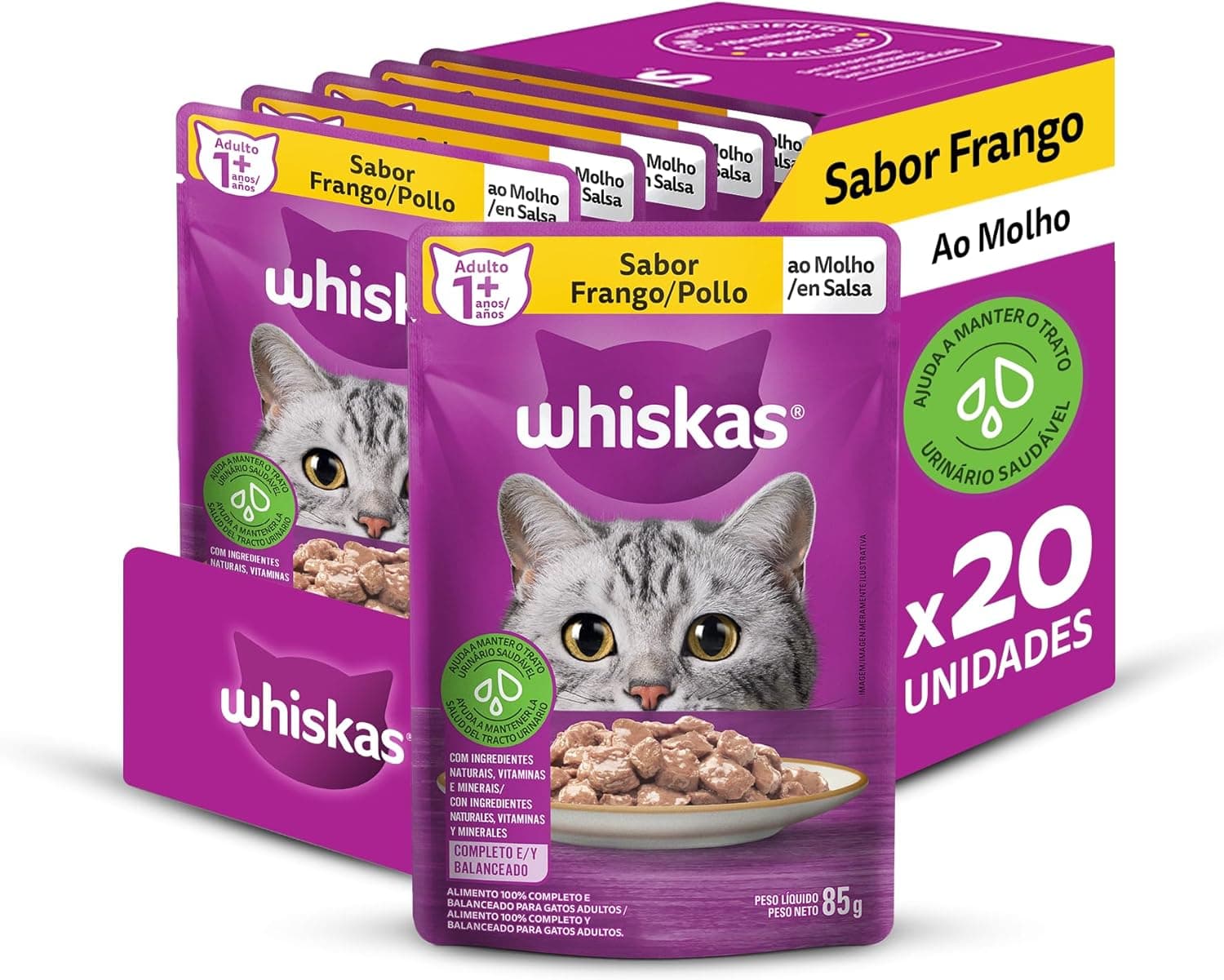 Pack Whiskas Sachê Frango ao Molho 85g (20 Unidades) por R$ 43 (R$ 2,18 cada) + Frete Grátis